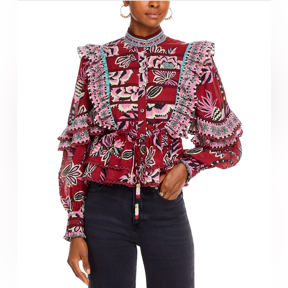 FARM Rio Mock Neck Burgundy Floral Ruffle Blouse New with Tags Size Small